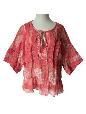 Daniel Rainn Womens 1X Blouse Boho Coral White Peasant Lace Trim 3/4 Sleeve